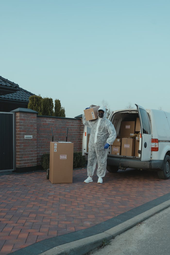 A delivery person in protective gear unloading packages from a van outdoors.
