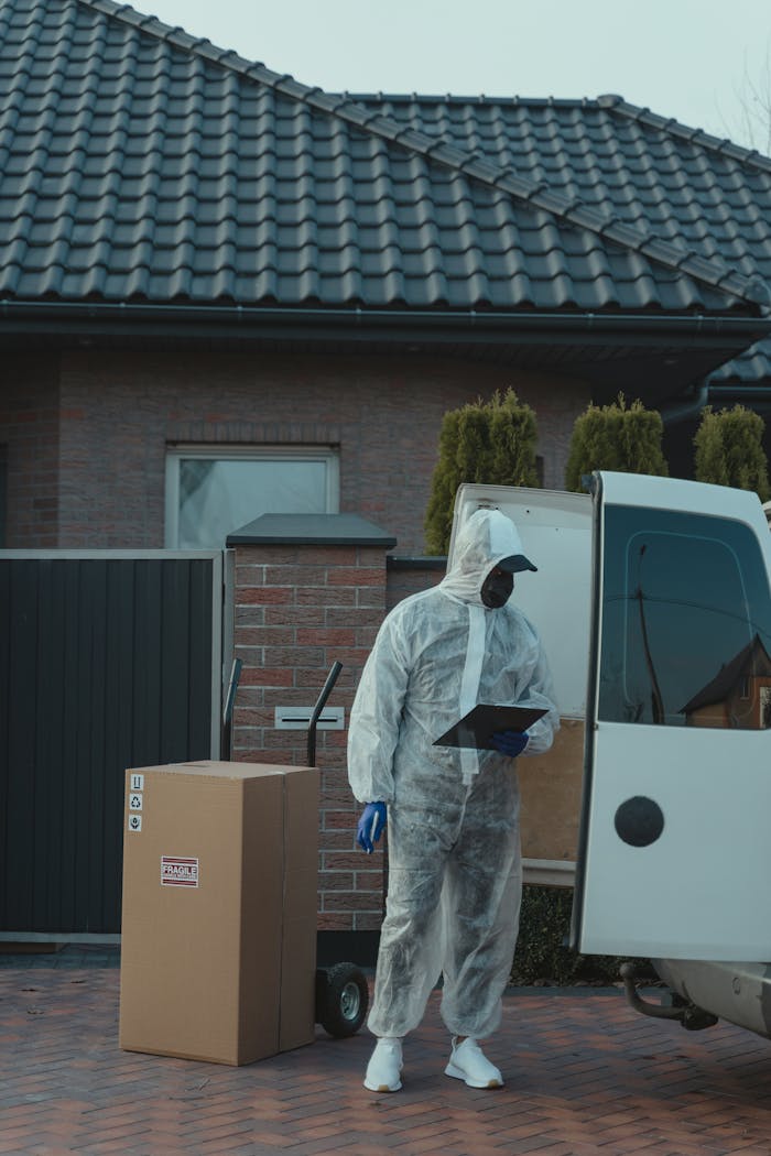 Delivery worker in PPE gear unloading packages from a van in a residential area outdoors.